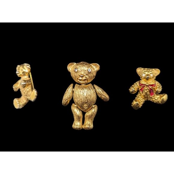 Gold Tone Teddy Bear Brooch Pin Lot Of 3 With Rhinestone Eyes Articulated Design - Picture 1 of 5